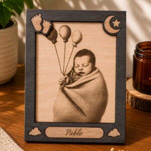 photo laser sur bois personnalisée naissance