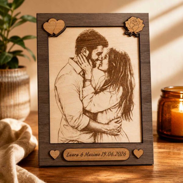 photo laser gravure sur bois couple