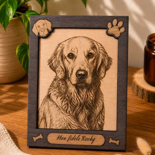 photo laser sur bois chien